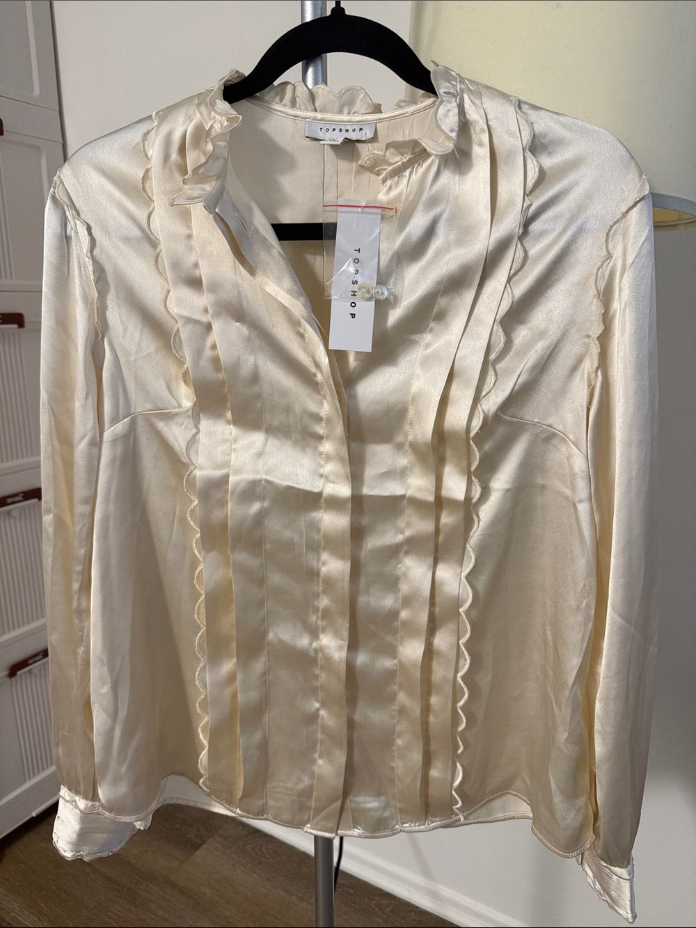 Topshop Ivory Satin Ruffle-Front Blouse